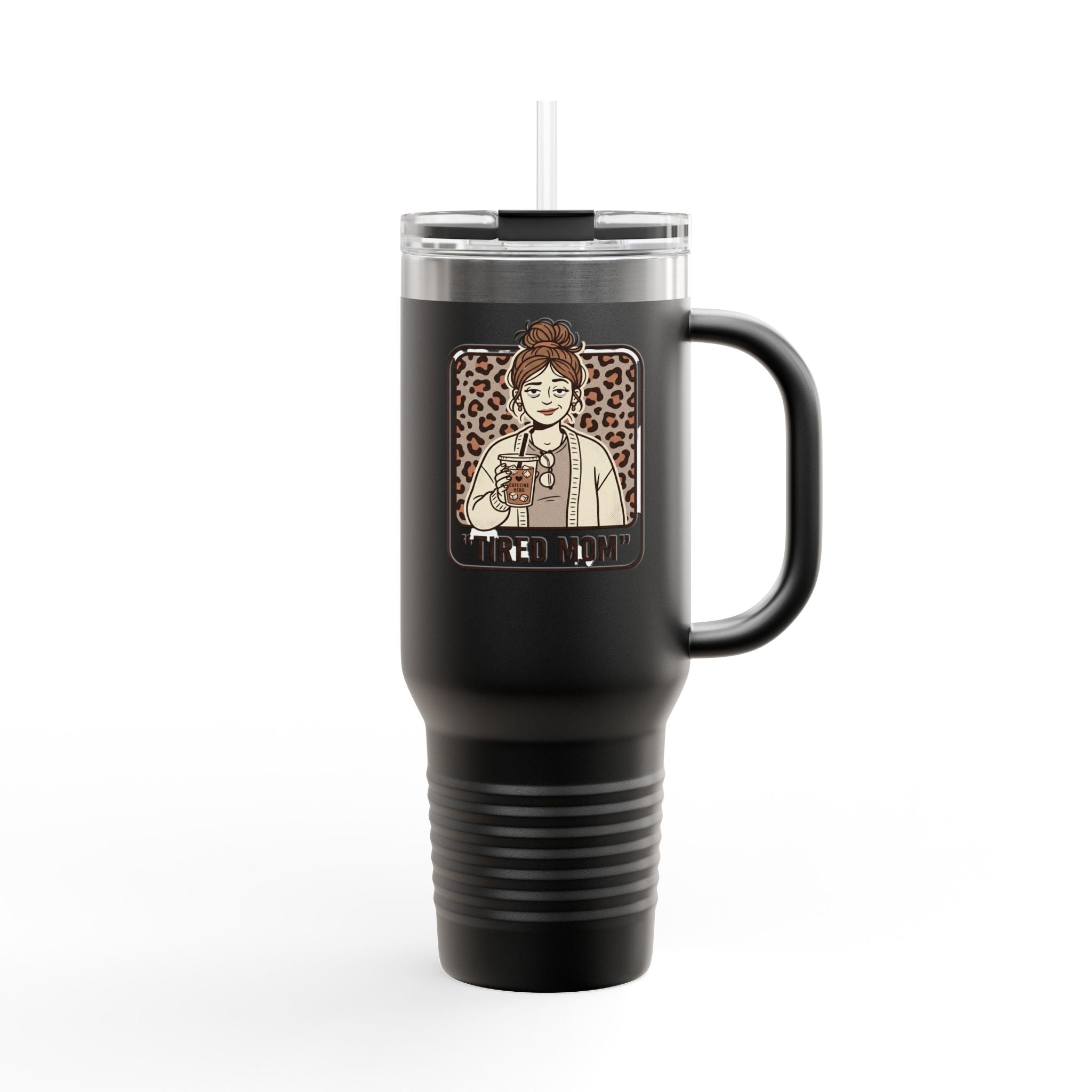 40oz Insulated Travel Mug — "Tired Mom" Leopard Design, Large Stainless Steel Tumbler for Coffee & Tea