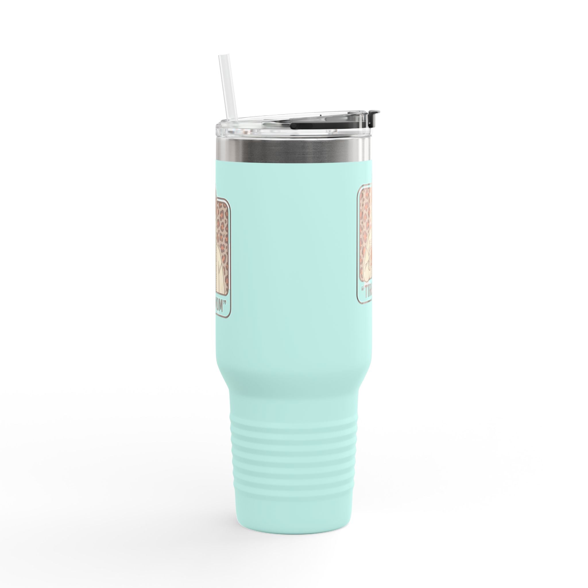 40oz Insulated Travel Mug — "Tired Mom" Leopard Design, Large Stainless Steel Tumbler for Coffee & Tea