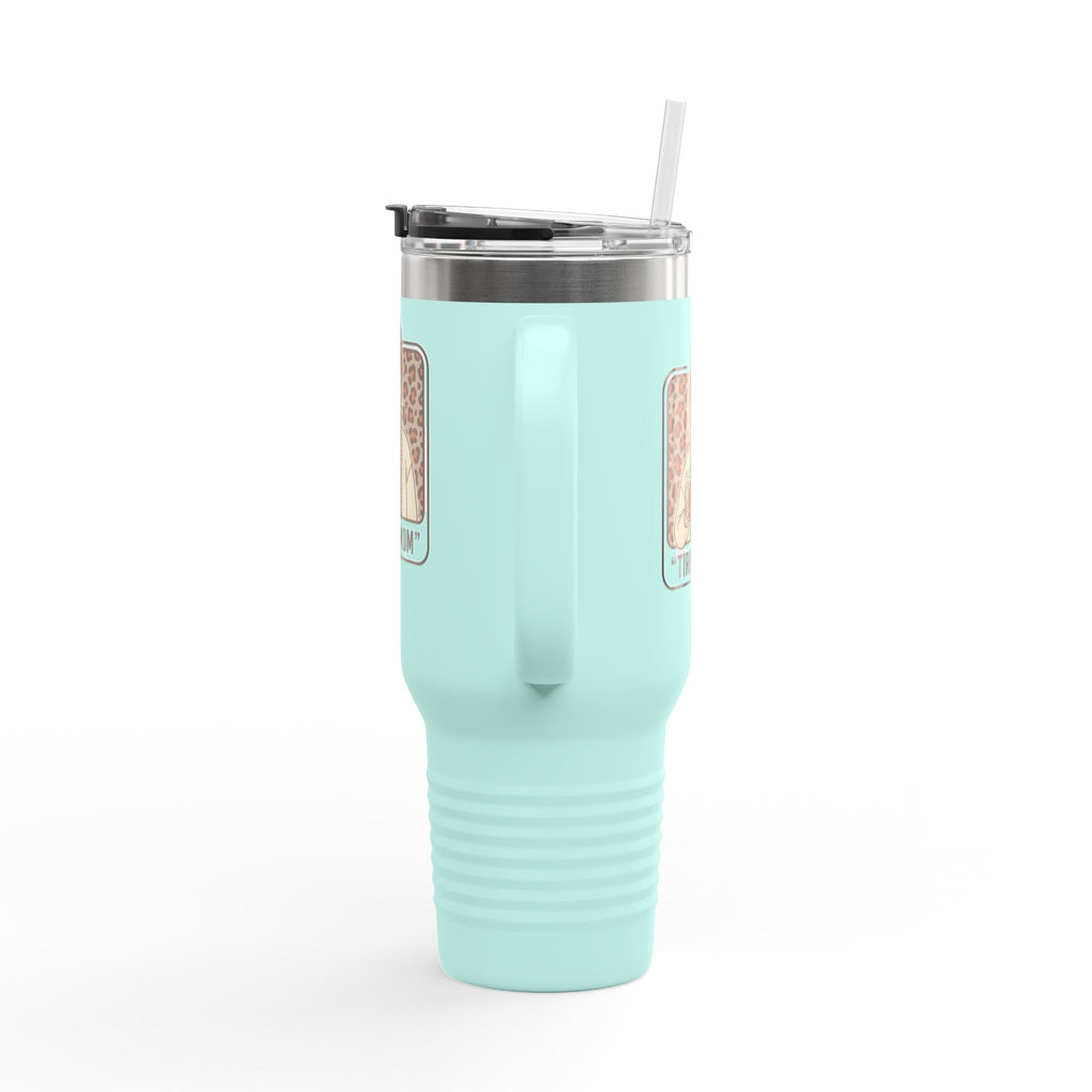 40oz Insulated Travel Mug — "Tired Mom" Leopard Design, Large Stainless Steel Tumbler for Coffee & Tea