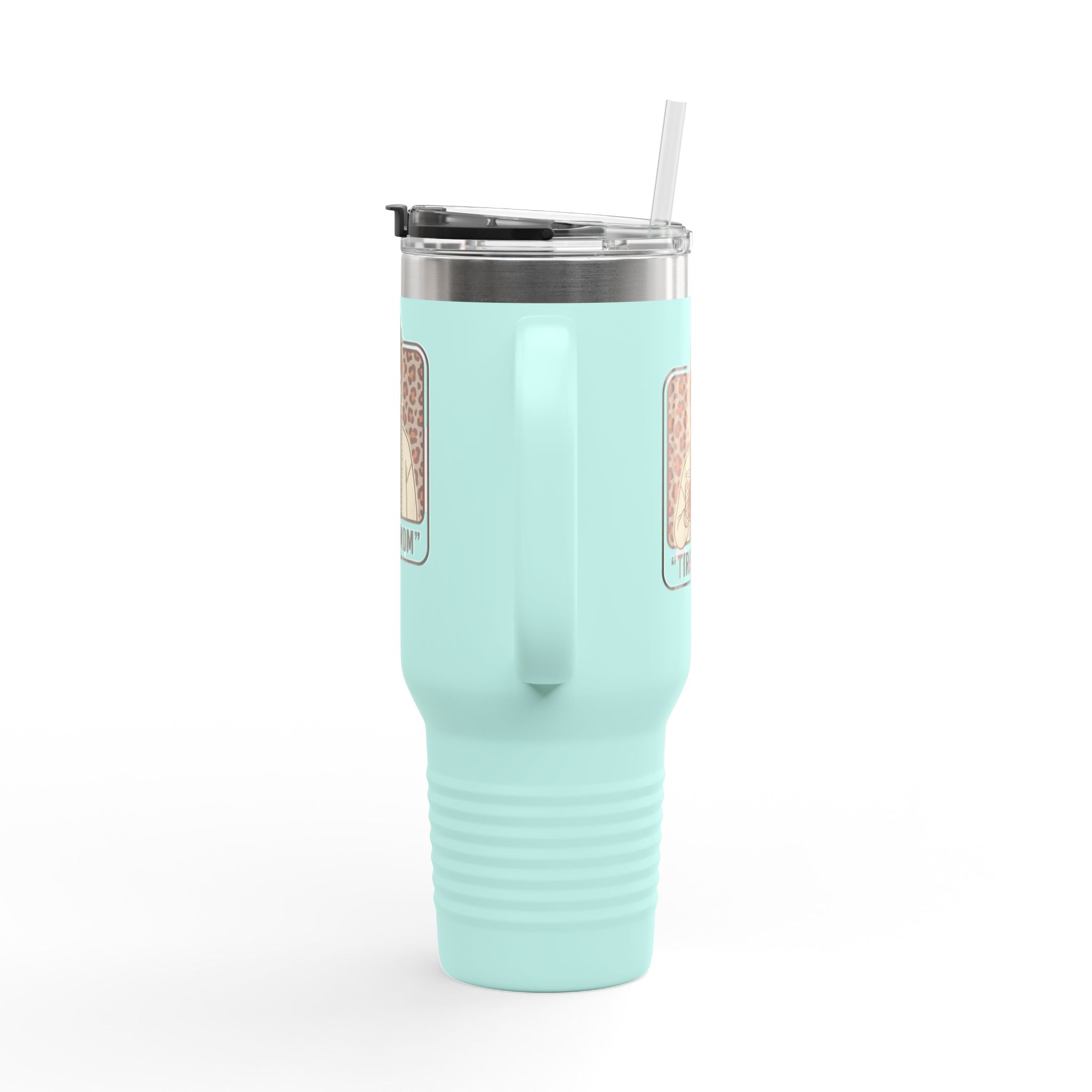 40oz Insulated Travel Mug — "Tired Mom" Leopard Design, Large Stainless Steel Tumbler for Coffee & Tea