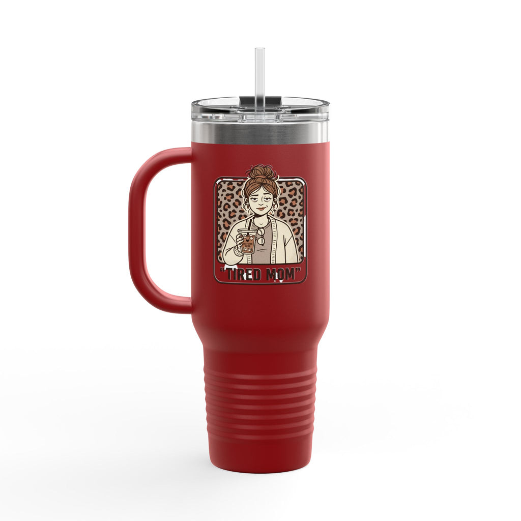 40oz Insulated Travel Mug — "Tired Mom" Leopard Design, Large Stainless Steel Tumbler for Coffee & Tea