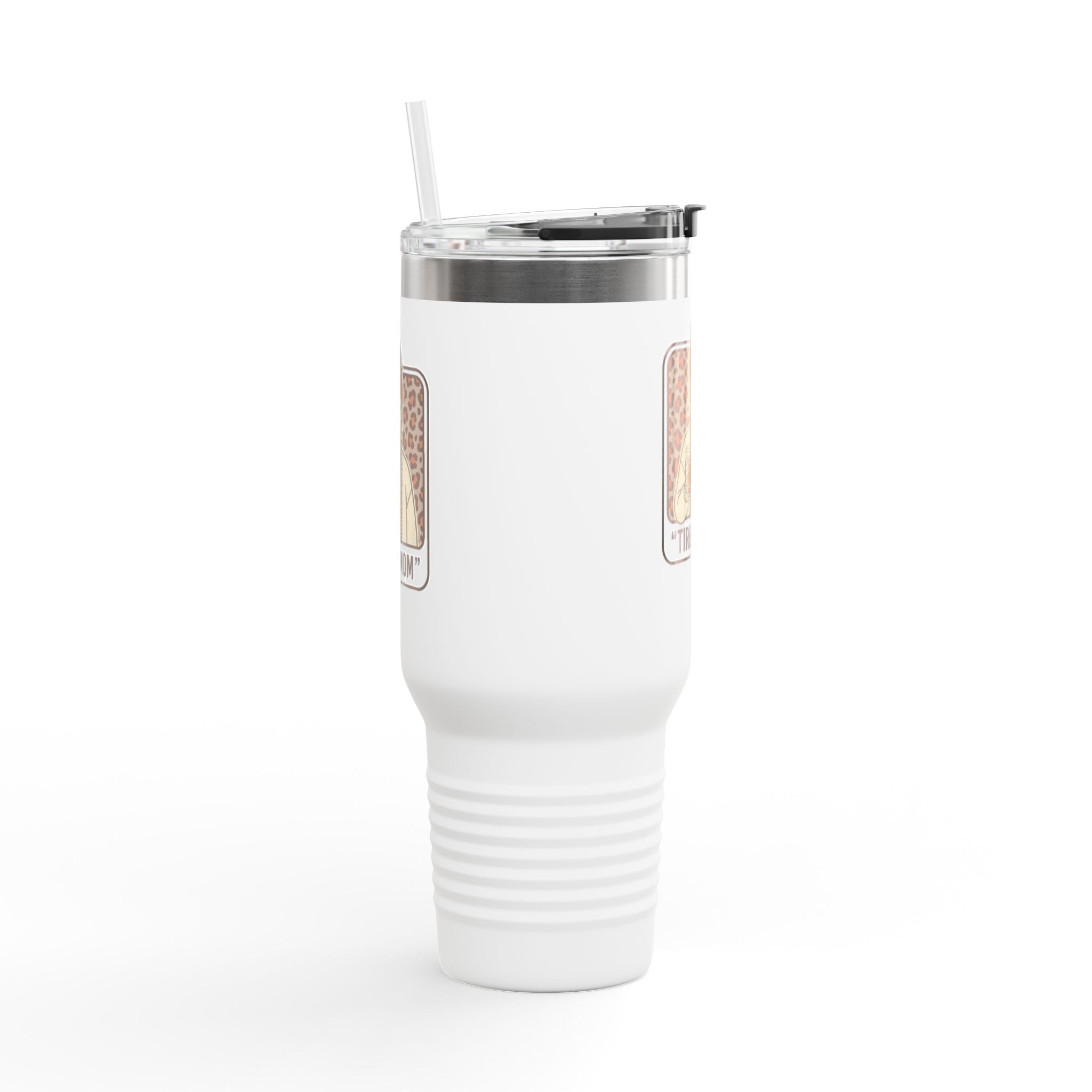 40oz Insulated Travel Mug — "Tired Mom" Leopard Design, Large Stainless Steel Tumbler for Coffee & Tea