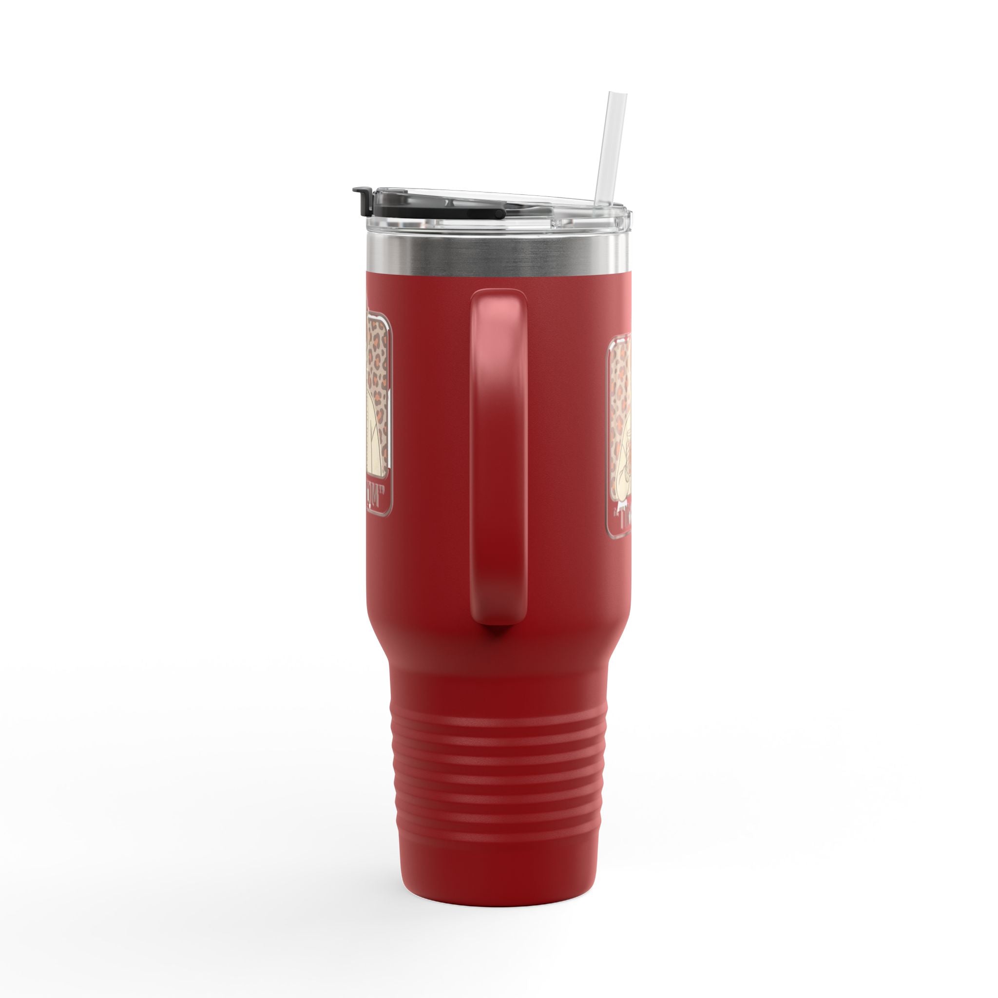 40oz Insulated Travel Mug — "Tired Mom" Leopard Design, Large Stainless Steel Tumbler for Coffee & Tea