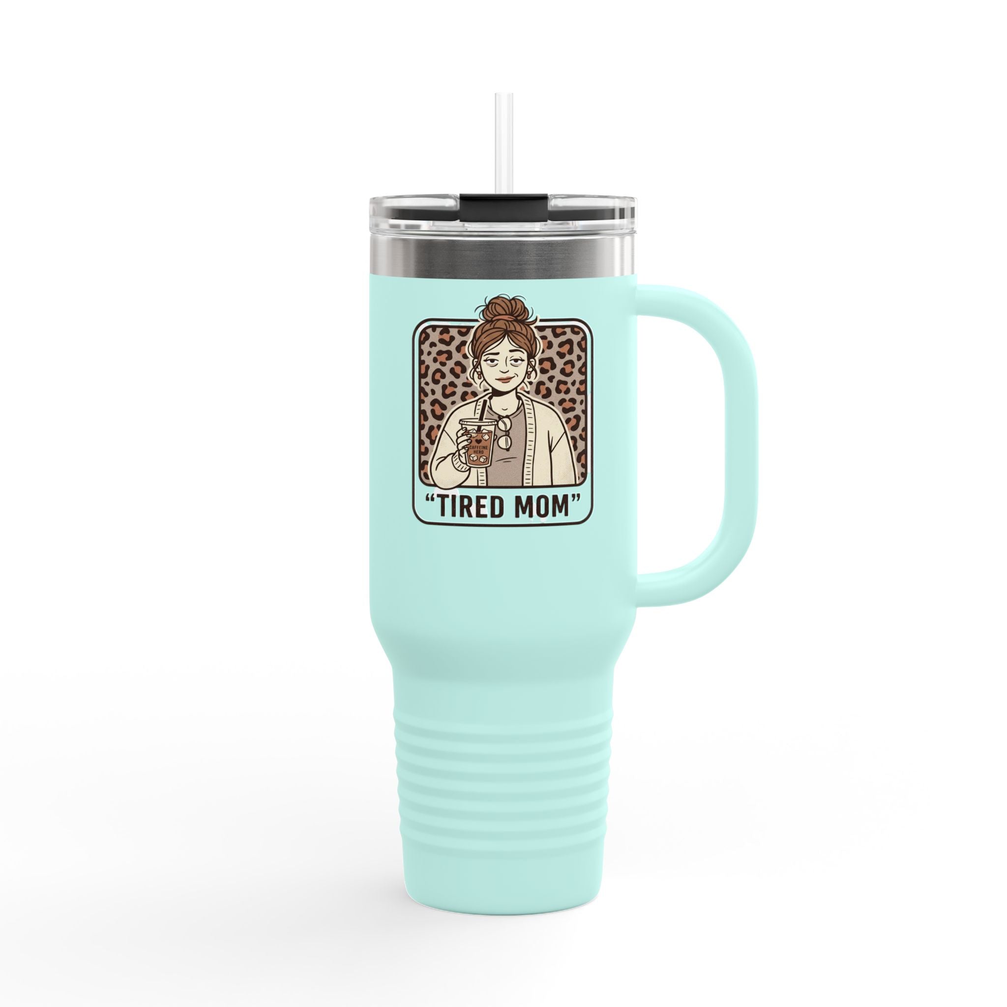 40oz Insulated Travel Mug — "Tired Mom" Leopard Design, Large Stainless Steel Tumbler for Coffee & Tea