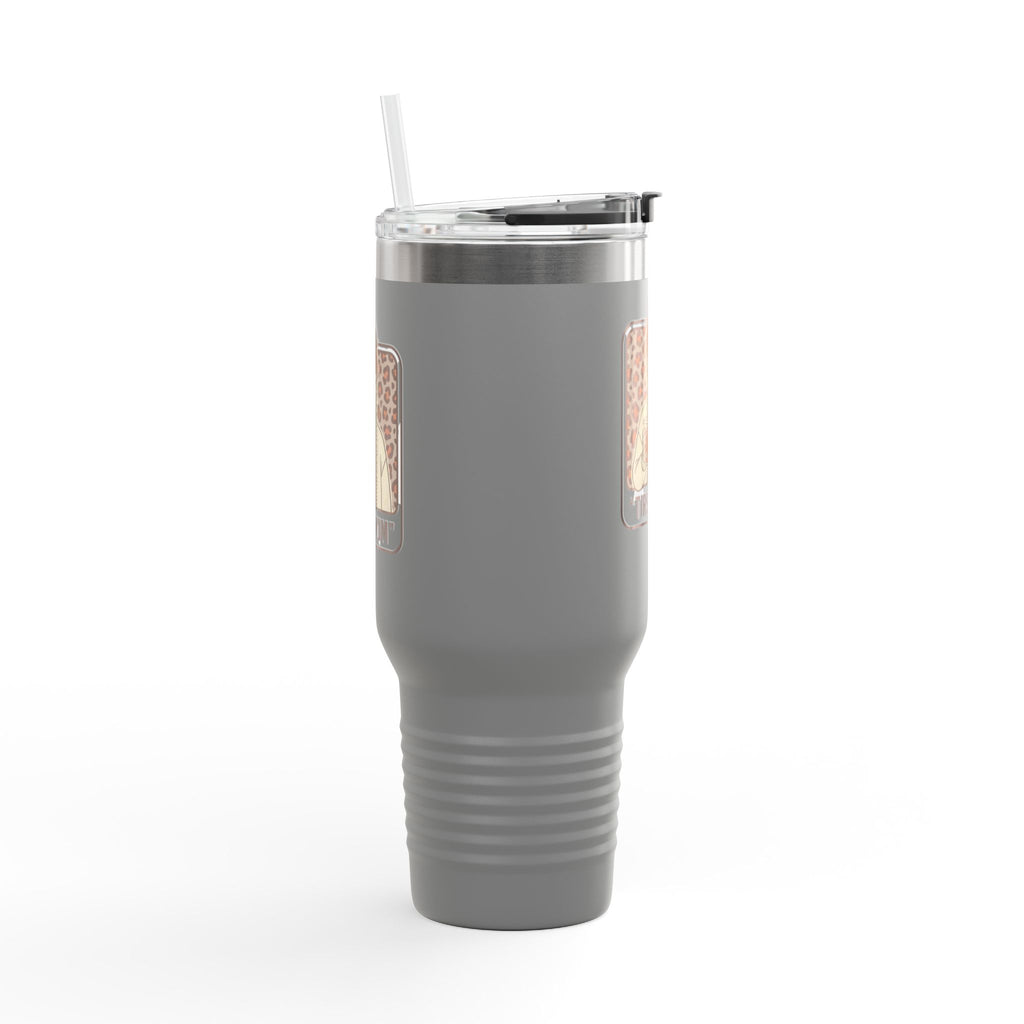 40oz Insulated Travel Mug — "Tired Mom" Leopard Design, Large Stainless Steel Tumbler for Coffee & Tea