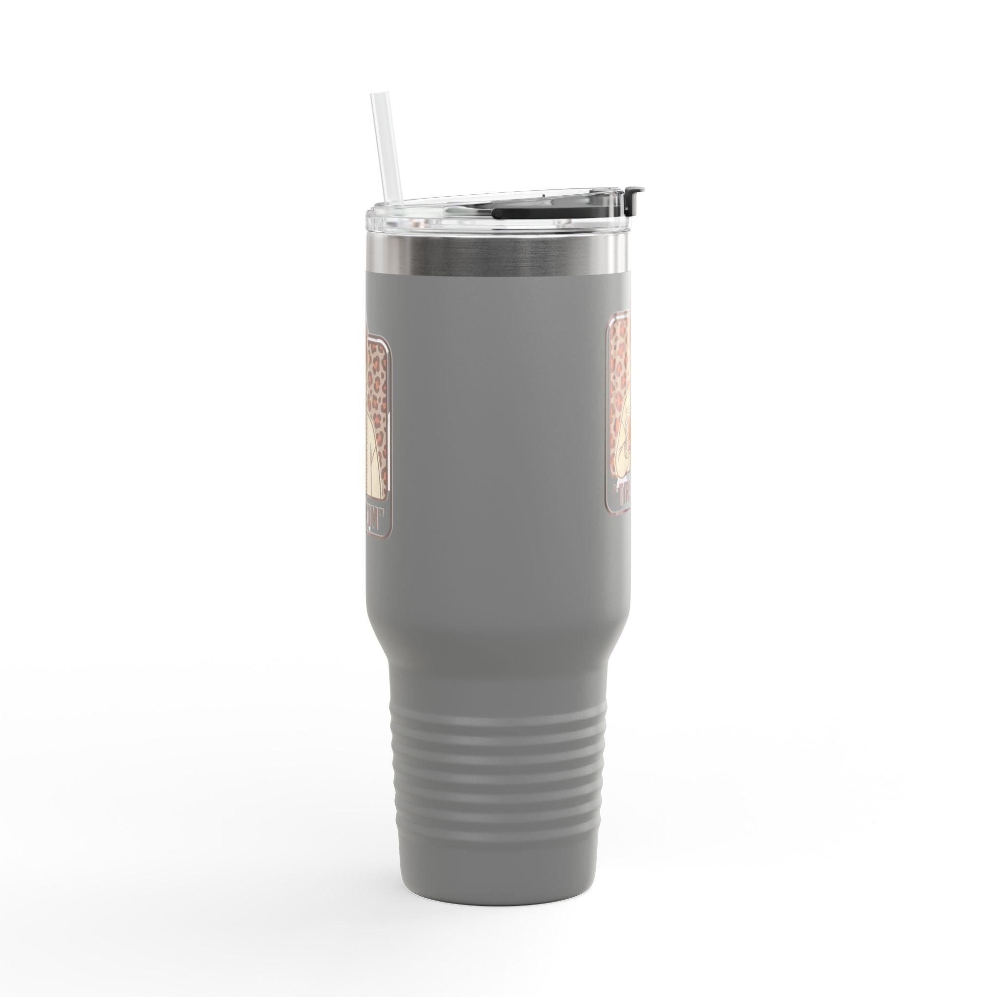 40oz Insulated Travel Mug — "Tired Mom" Leopard Design, Large Stainless Steel Tumbler for Coffee & Tea