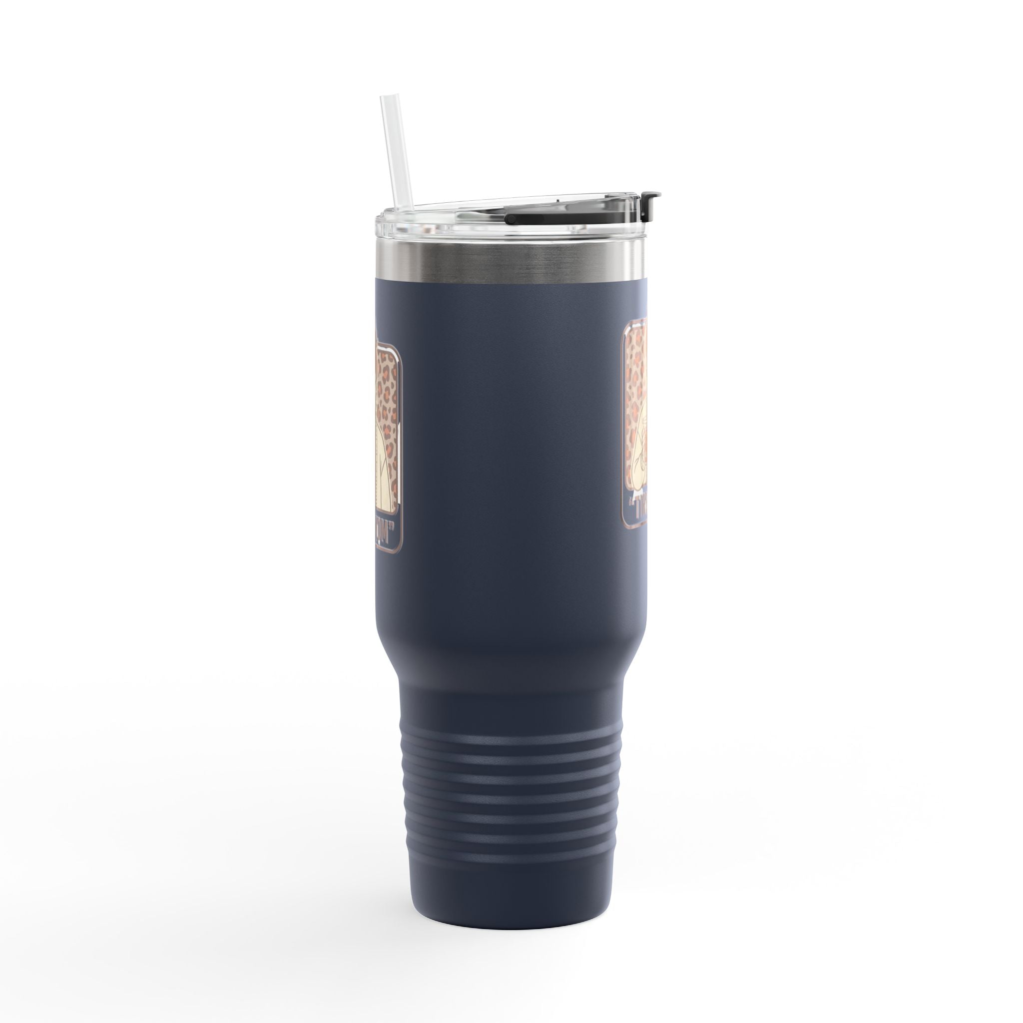 40oz Insulated Travel Mug — "Tired Mom" Leopard Design, Large Stainless Steel Tumbler for Coffee & Tea