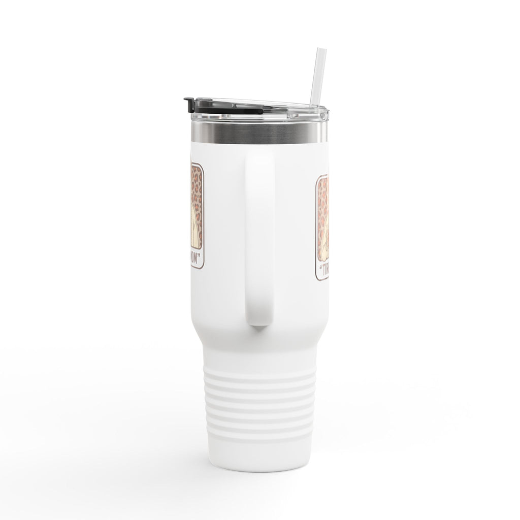 40oz Insulated Travel Mug — "Tired Mom" Leopard Design, Large Stainless Steel Tumbler for Coffee & Tea