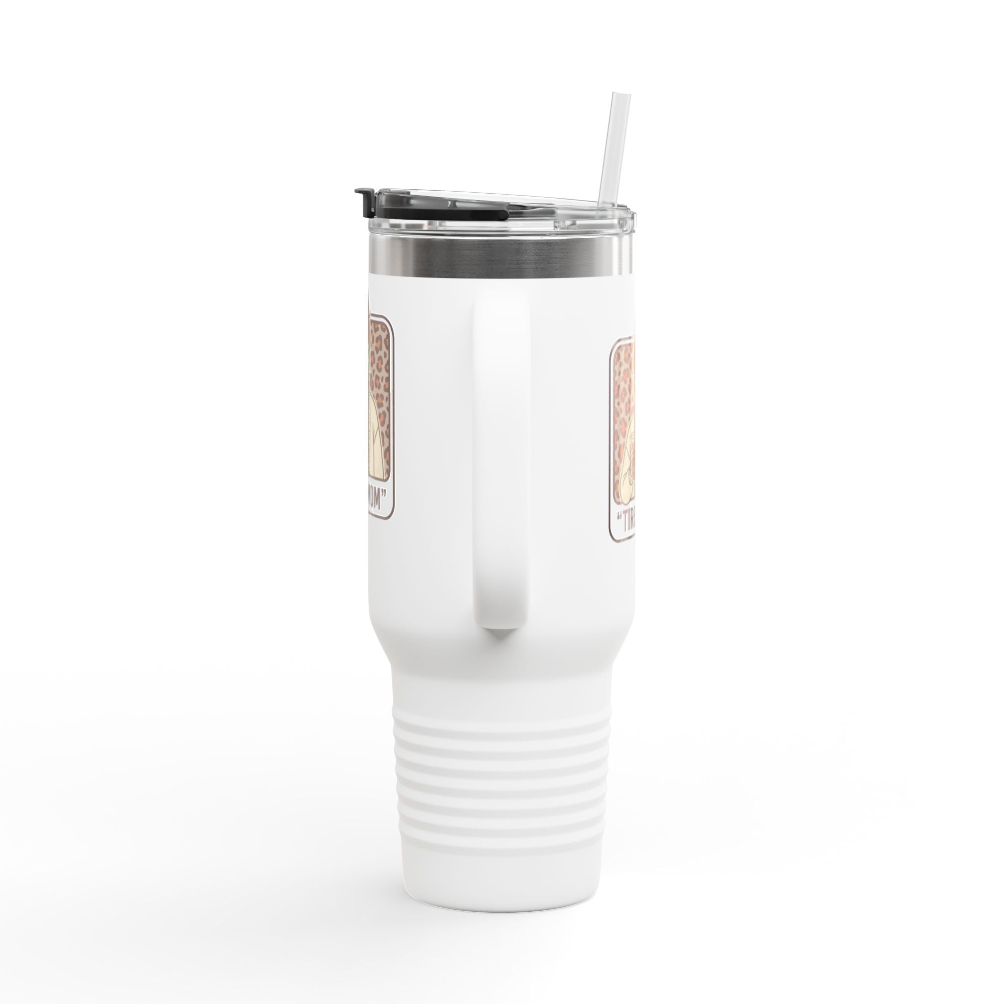 40oz Insulated Travel Mug — "Tired Mom" Leopard Design, Large Stainless Steel Tumbler for Coffee & Tea