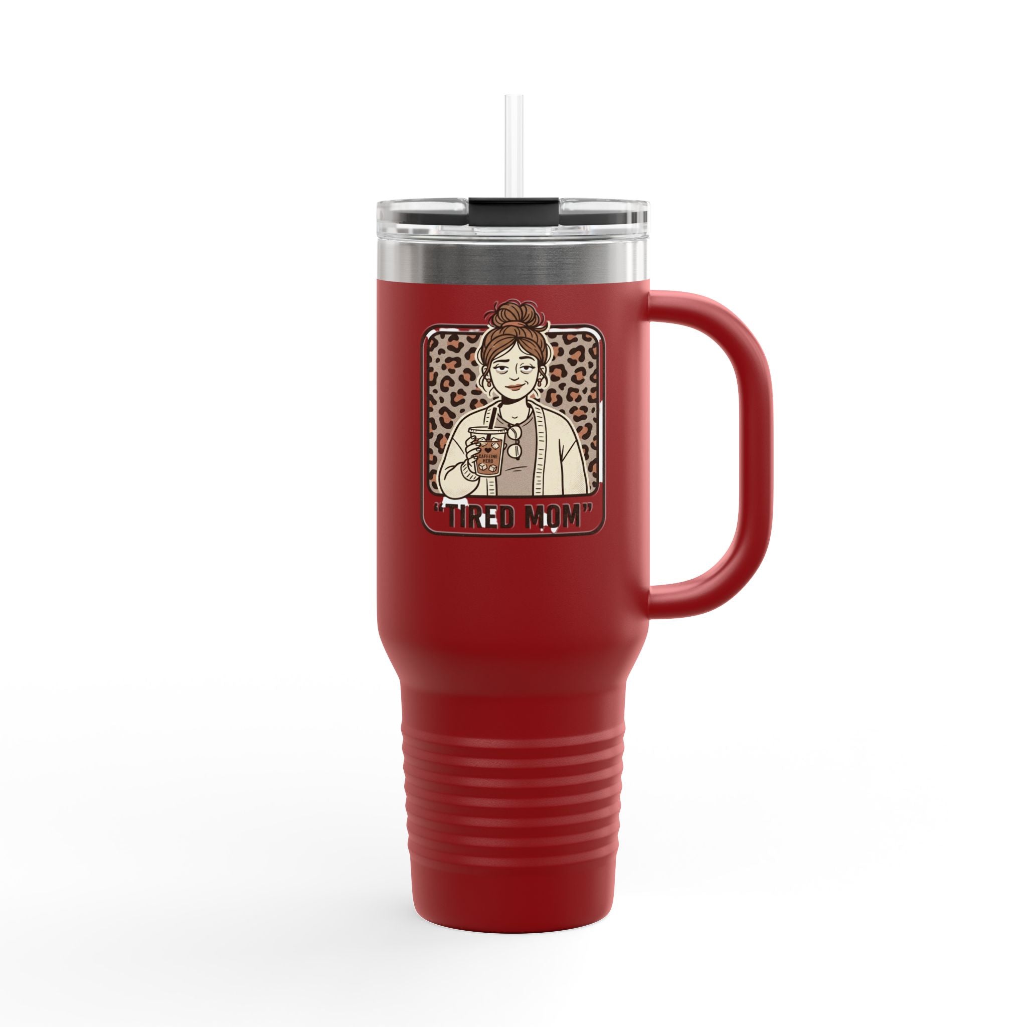40oz Insulated Travel Mug — "Tired Mom" Leopard Design, Large Stainless Steel Tumbler for Coffee & Tea