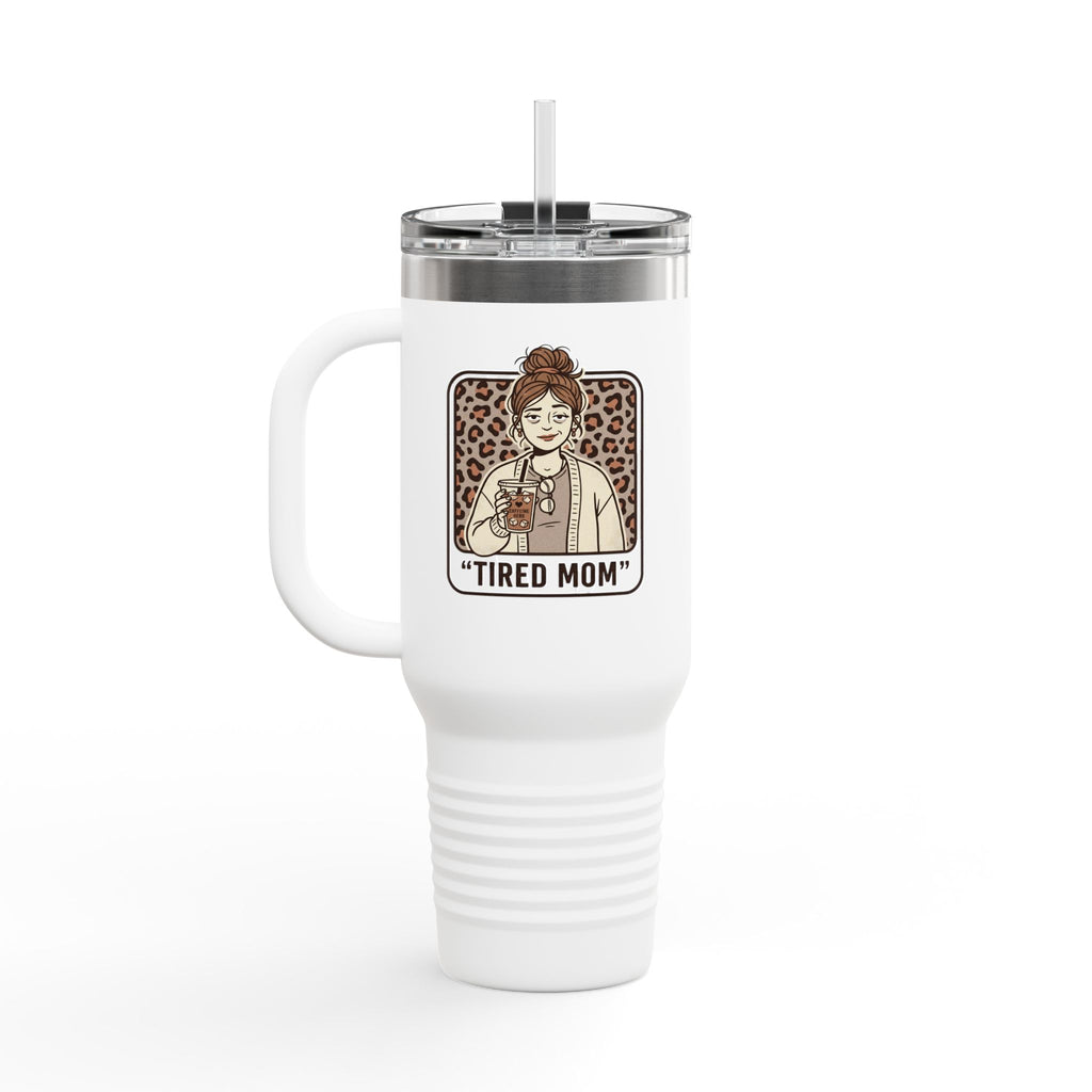 40oz Insulated Travel Mug — "Tired Mom" Leopard Design, Large Stainless Steel Tumbler for Coffee & Tea