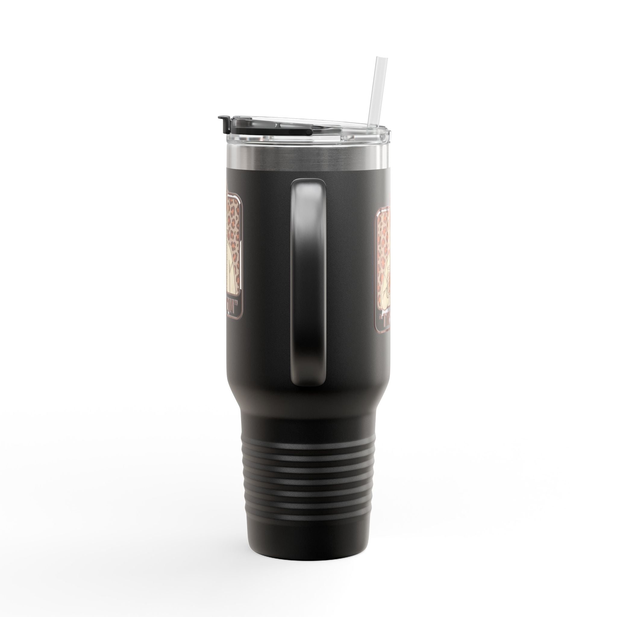 40oz Insulated Travel Mug — "Tired Mom" Leopard Design, Large Stainless Steel Tumbler for Coffee & Tea