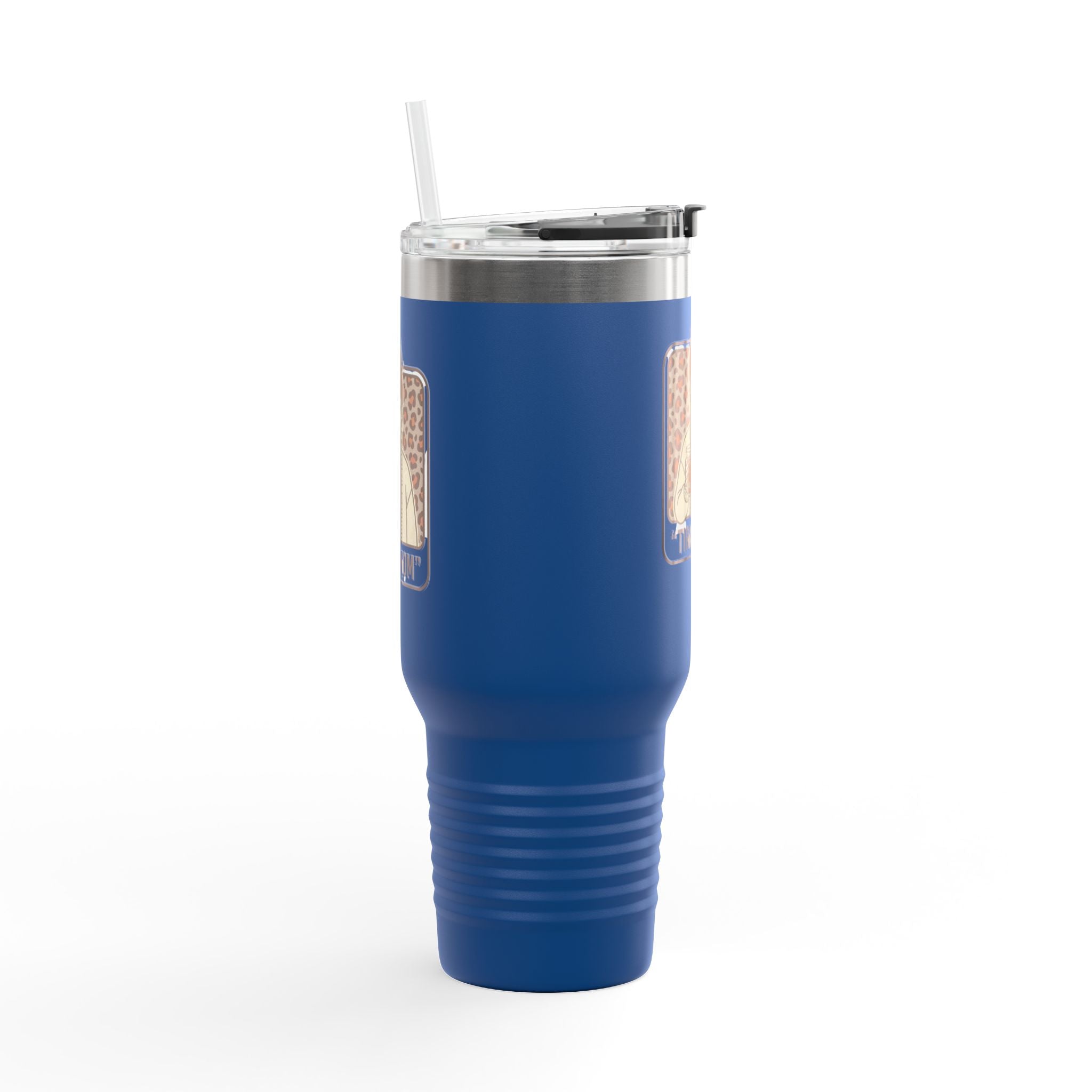 40oz Insulated Travel Mug — "Tired Mom" Leopard Design, Large Stainless Steel Tumbler for Coffee & Tea