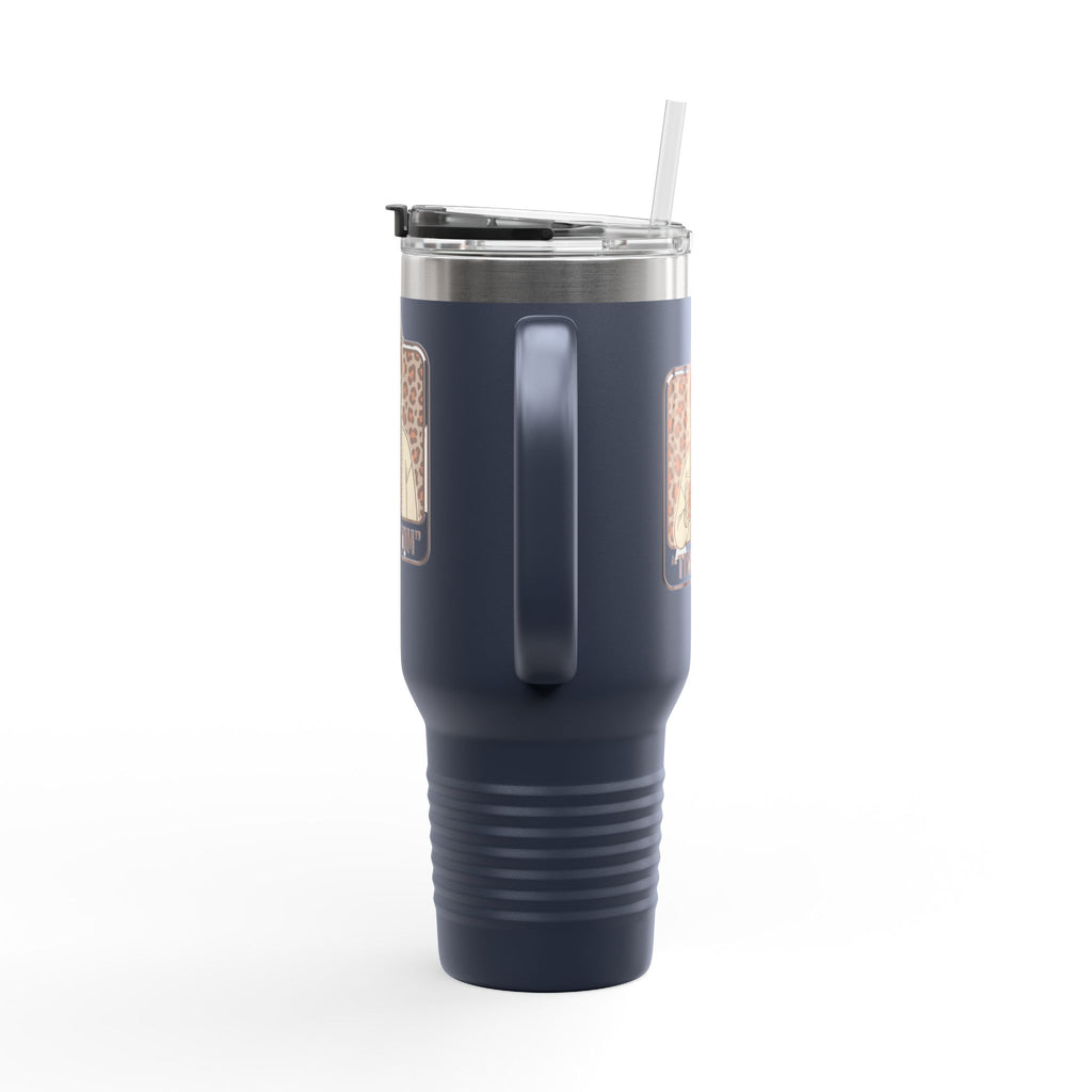 40oz Insulated Travel Mug — "Tired Mom" Leopard Design, Large Stainless Steel Tumbler for Coffee & Tea