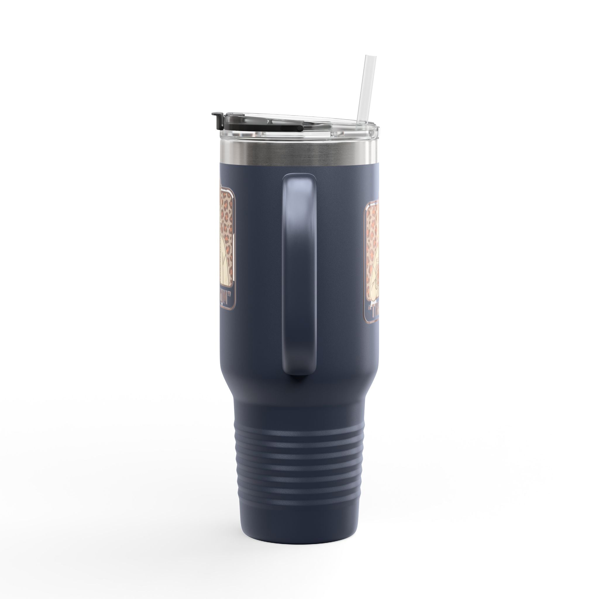 40oz Insulated Travel Mug — "Tired Mom" Leopard Design, Large Stainless Steel Tumbler for Coffee & Tea