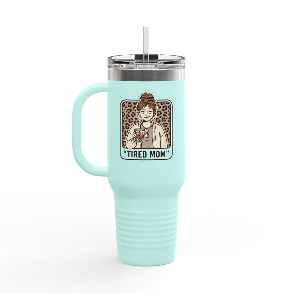 40oz Insulated Travel Mug — "Tired Mom" Leopard Design, Large Stainless Steel Tumbler for Coffee & Tea