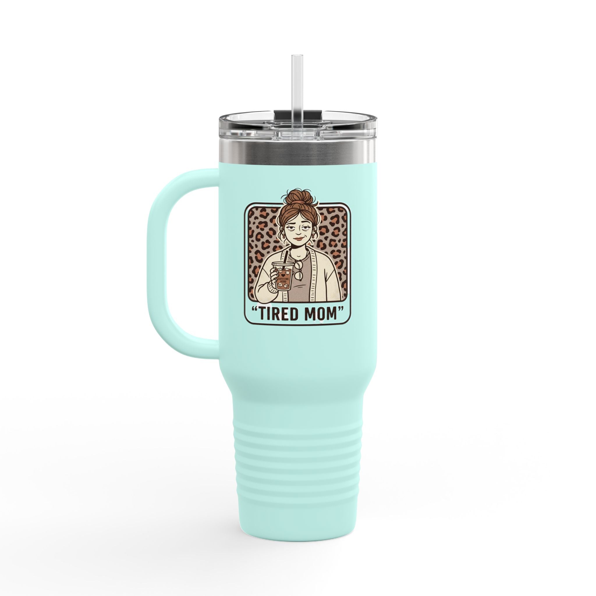 40oz Insulated Travel Mug — "Tired Mom" Leopard Design, Large Stainless Steel Tumbler for Coffee & Tea