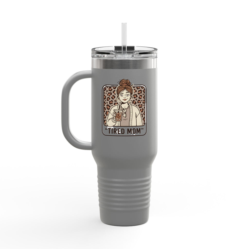 40oz Insulated Travel Mug — "Tired Mom" Leopard Design, Large Stainless Steel Tumbler for Coffee & Tea