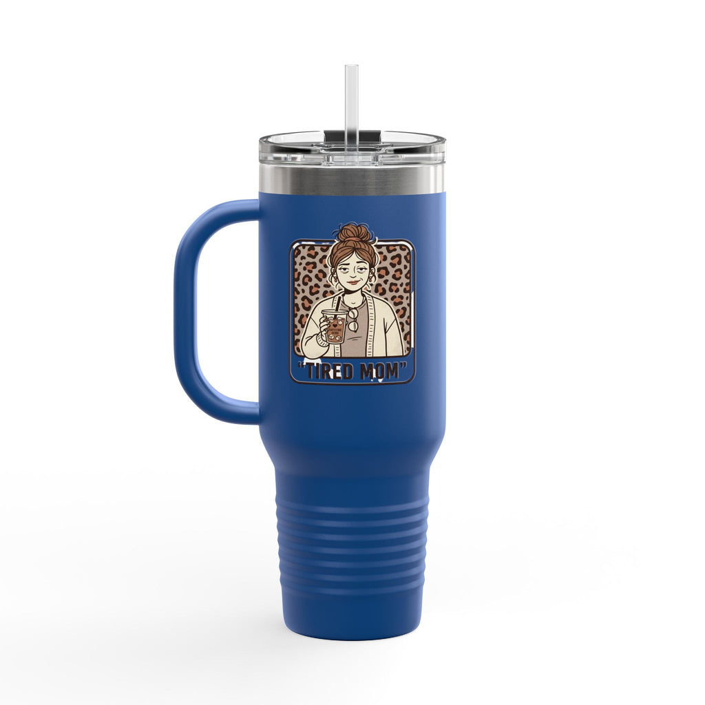 40oz Insulated Travel Mug — "Tired Mom" Leopard Design, Large Stainless Steel Tumbler for Coffee & Tea