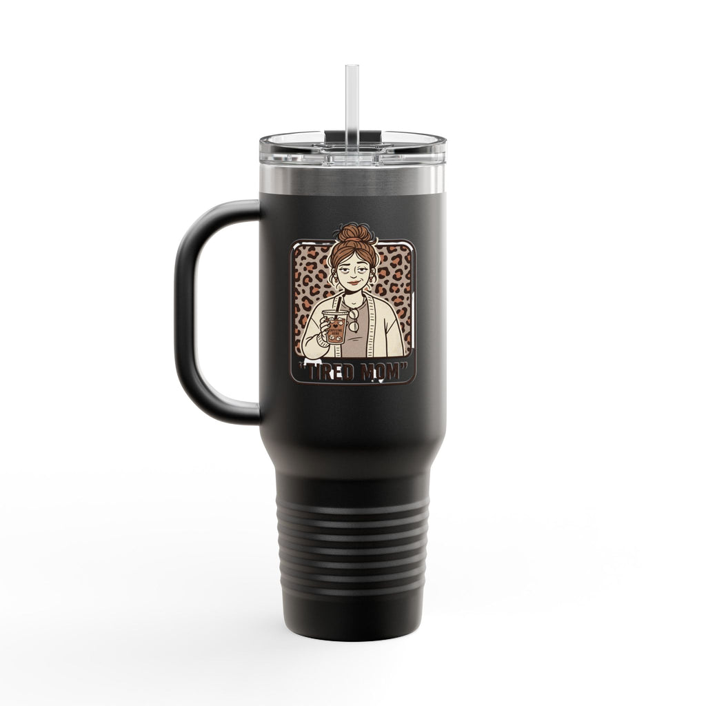 40oz Insulated Travel Mug — "Tired Mom" Leopard Design, Large Stainless Steel Tumbler for Coffee & Tea
