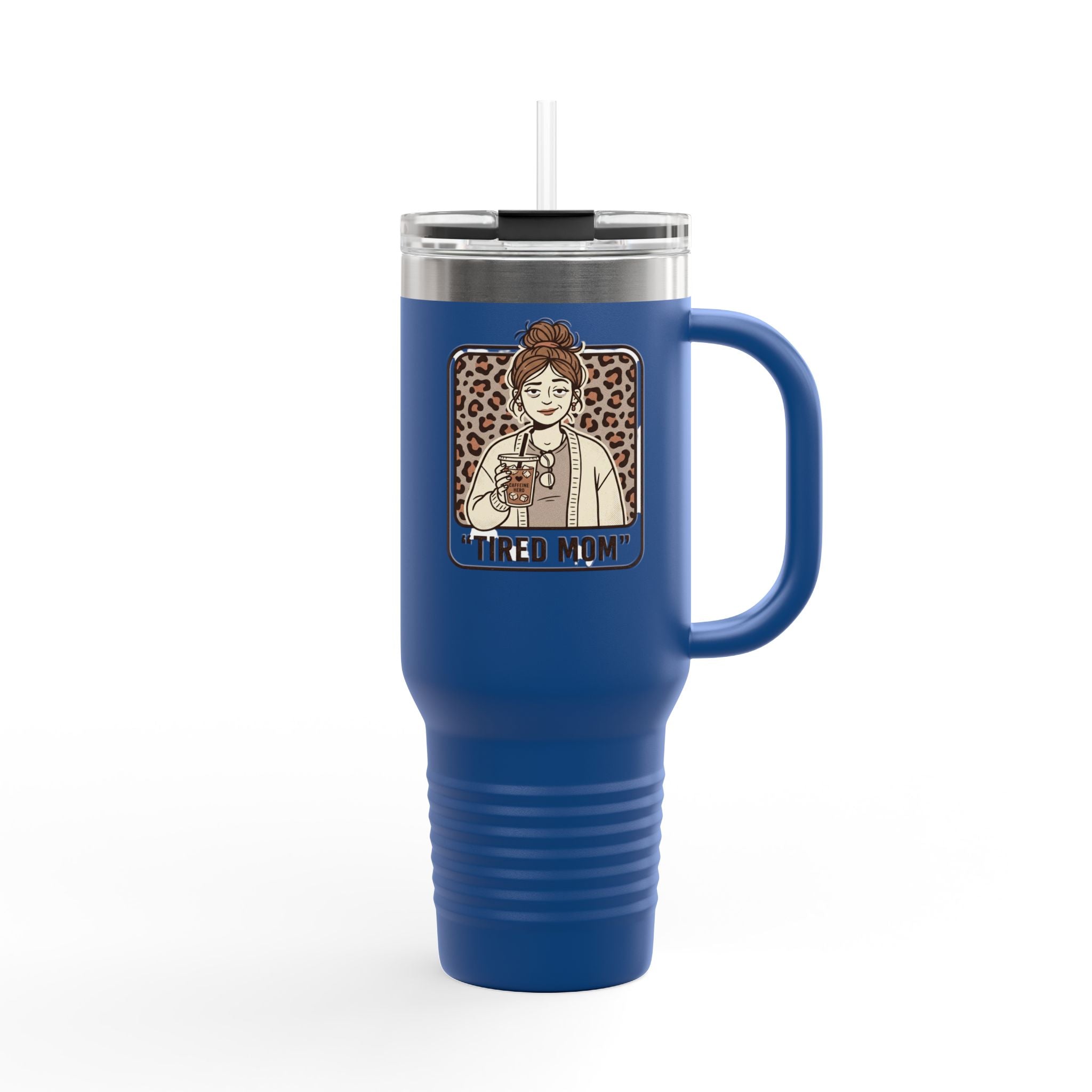40oz Insulated Travel Mug — "Tired Mom" Leopard Design, Large Stainless Steel Tumbler for Coffee & Tea