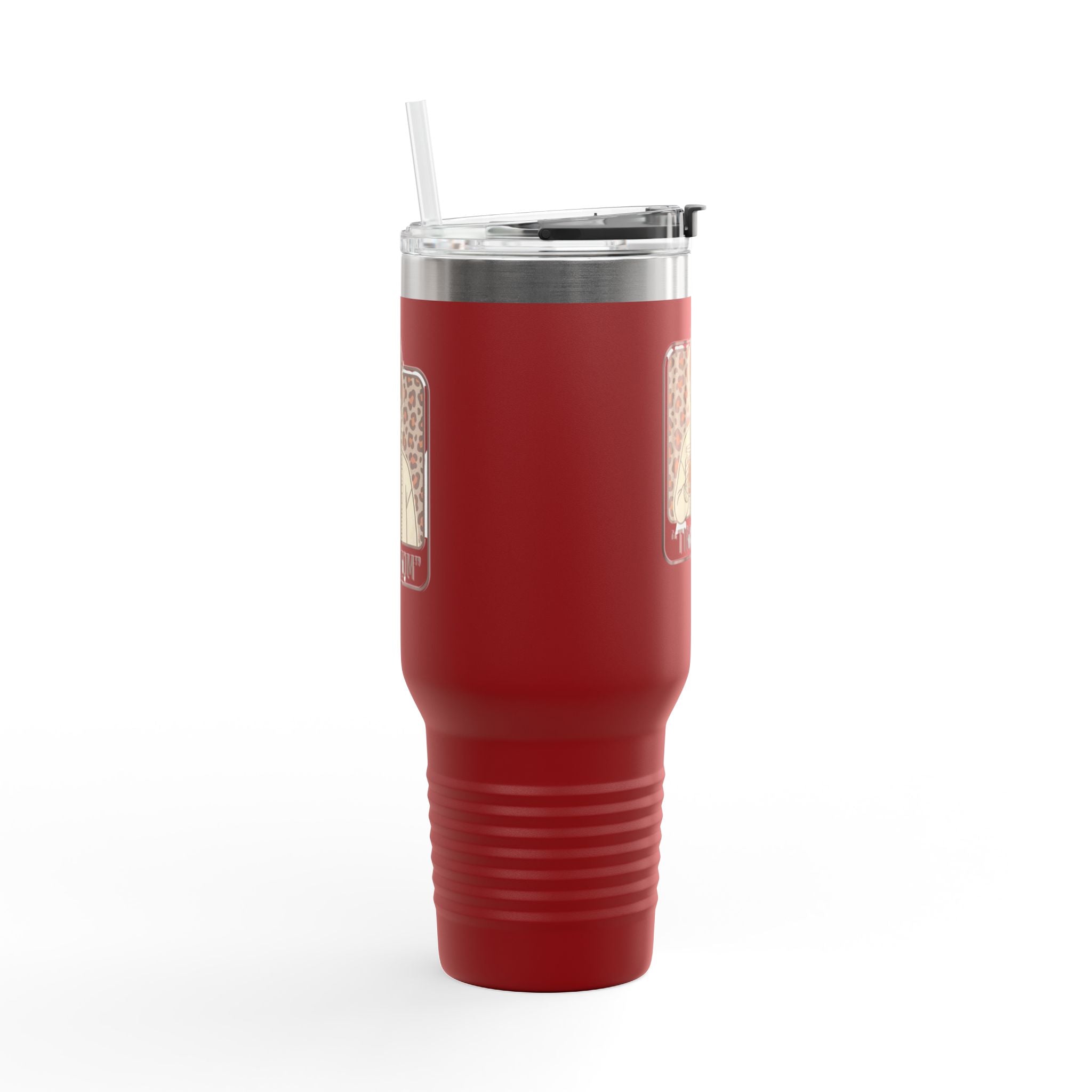 40oz Insulated Travel Mug — "Tired Mom" Leopard Design, Large Stainless Steel Tumbler for Coffee & Tea